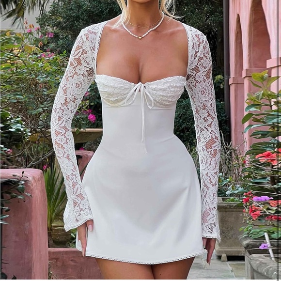 NEW White Lace Sleeve Dress Crochet Ruffle Cute Romantic Flirty Girly Pretty Bow - Picture 2 of 10